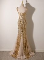 Champagne Mermaid Sequins Straps Long Party Dress, Champagne Prom Dress