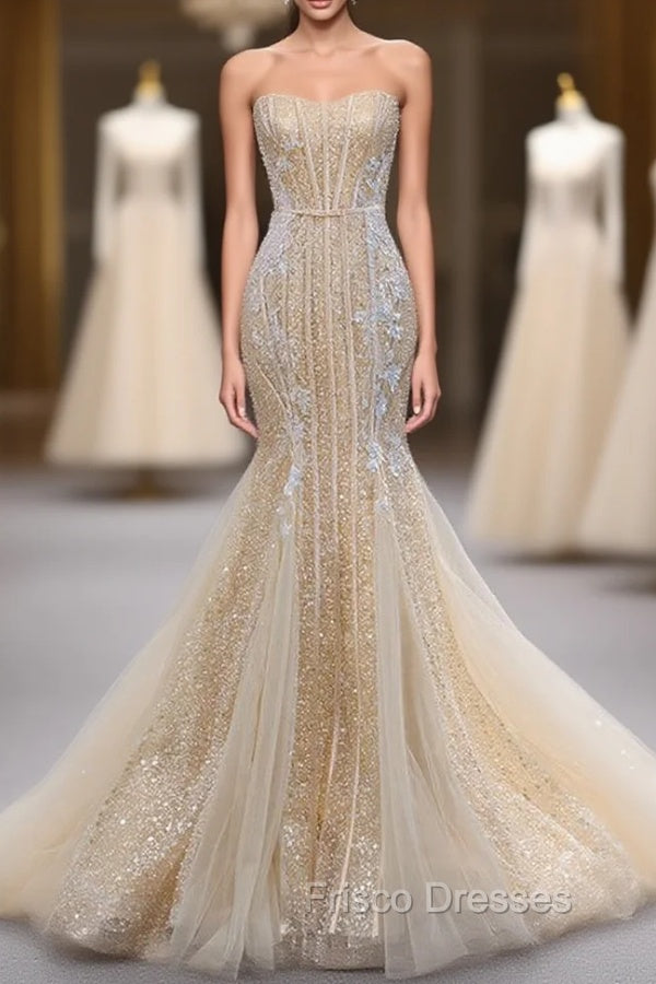 Champagne Mermaid Sequins Tulle Strapless Appliques Formal Prom Dress