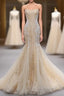 Champagne Mermaid Sequins Tulle Strapless Appliques Formal Prom Dress