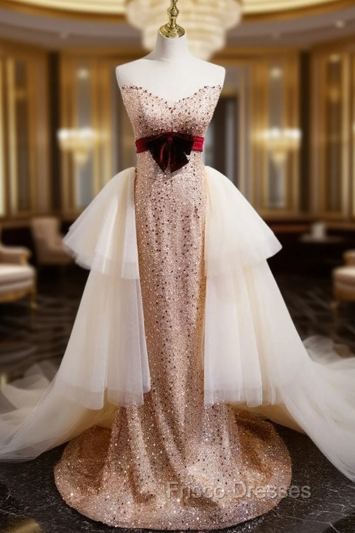 Champagne Mermaid Sequins Tulle Strapless Formal Prom Dress