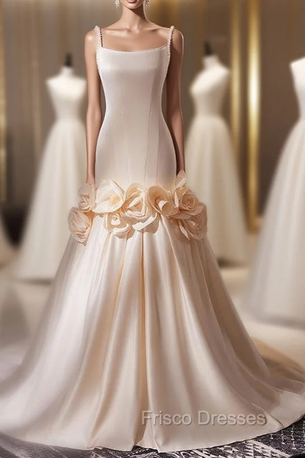 Champagne Mermaid Spaghetti Straps Pearls Flower Wedding Dress