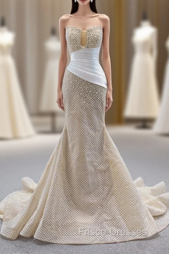Champagne Mermaid Strapless Pearls Formal Prom Dress