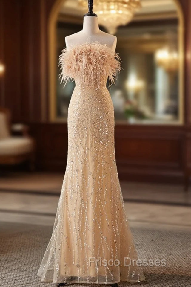 Champagne Mermaid Strapless Sequins Feather Formal Prom Dress