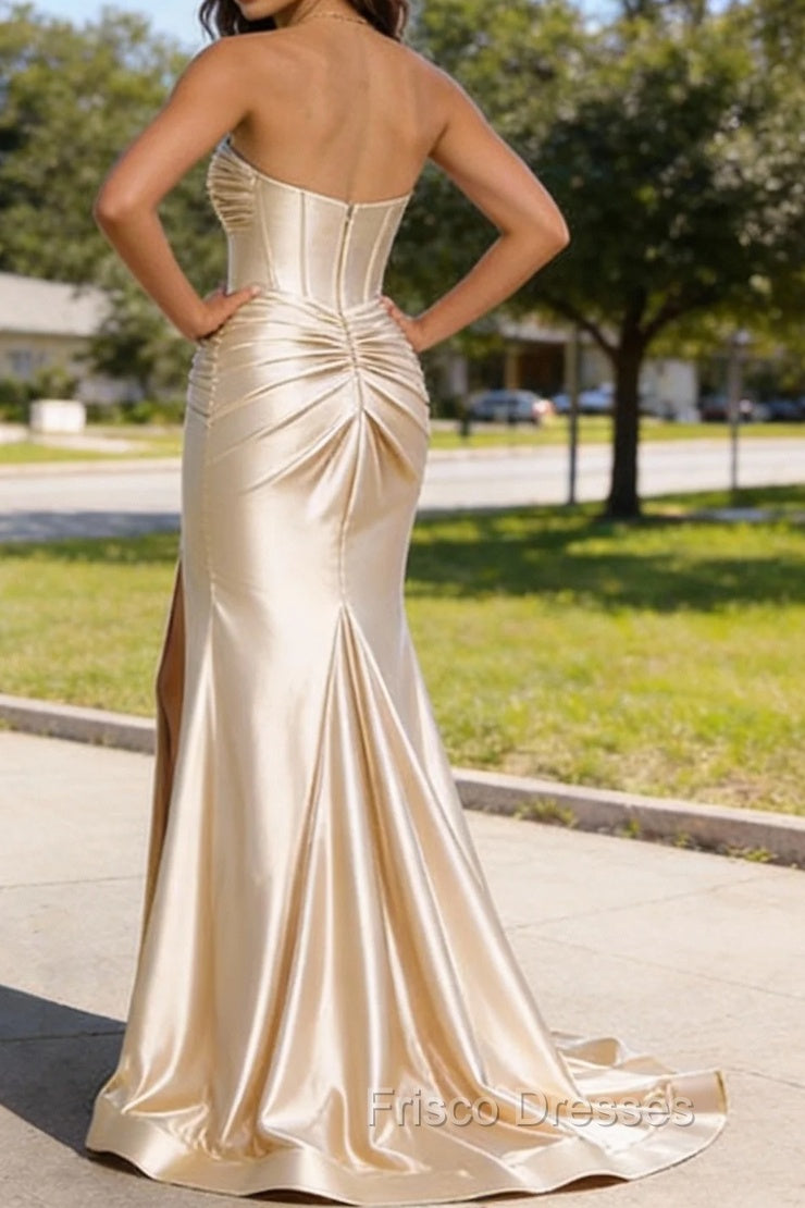 Champagne Mermaid Sweetheart Corset Long Prom Dress with Slit