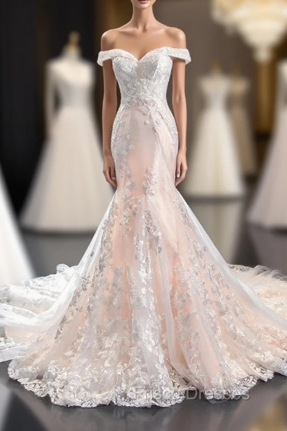 Champagne Mermaid Tulle Appliques Off the Shoulder Wedding Dress With Train Main image