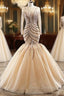 Champagne Mermaid Tulle Beading Long Sleeve Formal Prom Dress