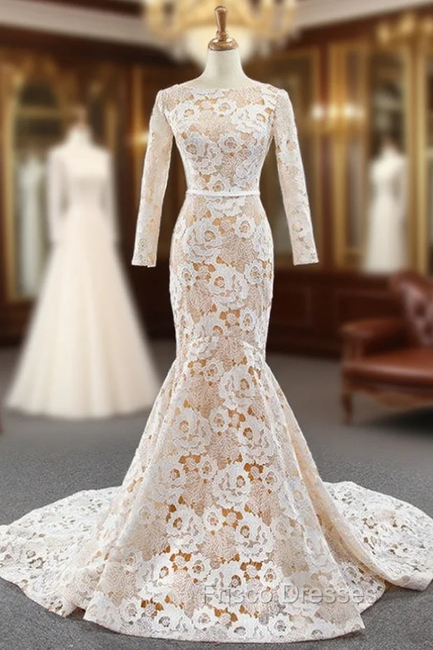 Champagne Mermaid Tulle Lace Flower Long Sleeve Formal Prom Dress Main image