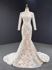 Champagne Mermaid Tulle Lace Flower Long Sleeve Prom Dress
