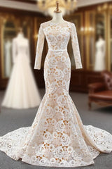 Champagne Mermaid Tulle Lace Flower Long Sleeve Formal Prom Dress