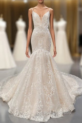 Champagne Mermaid Tulle Lace Spaghetti Straps Wedding Dress