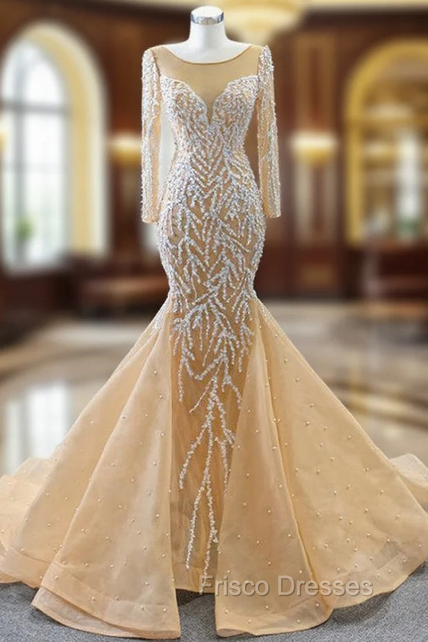 Champagne Mermaid Tulle Long Sleeve Pearls Formal Prom Dress Main image