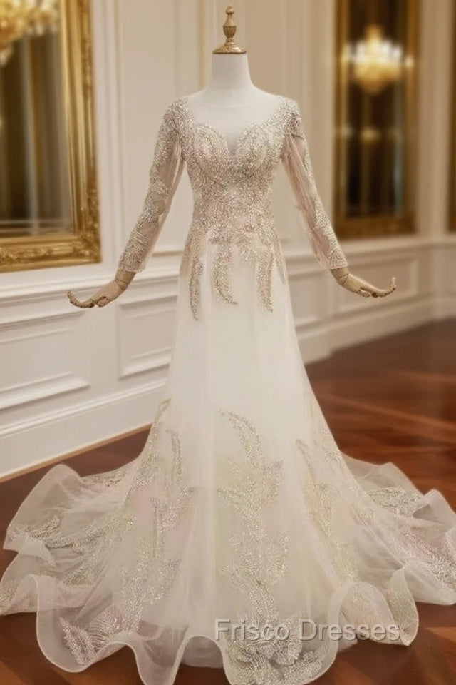Champagne Mermaid Tulle Long Sleeve Formal Prom Dress With Beading