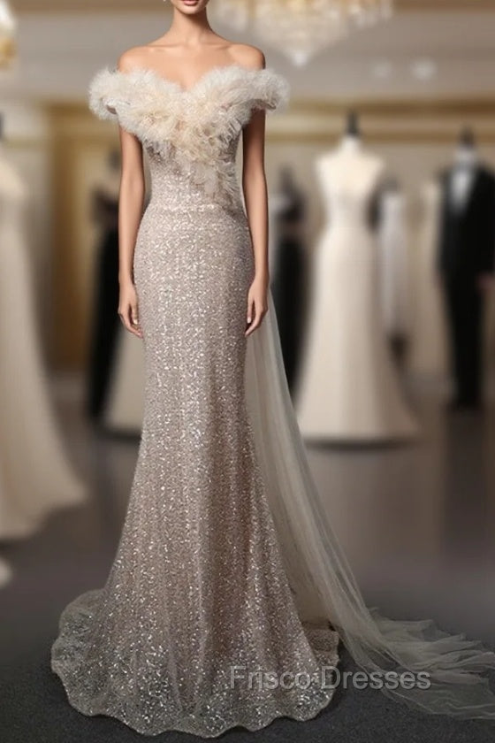 Champagne Mermaid Tulle Sequins Off the Shoulder Formal Prom Dress Main image