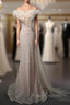Champagne Mermaid Tulle Sequins Off the Shoulder Formal Prom Dress