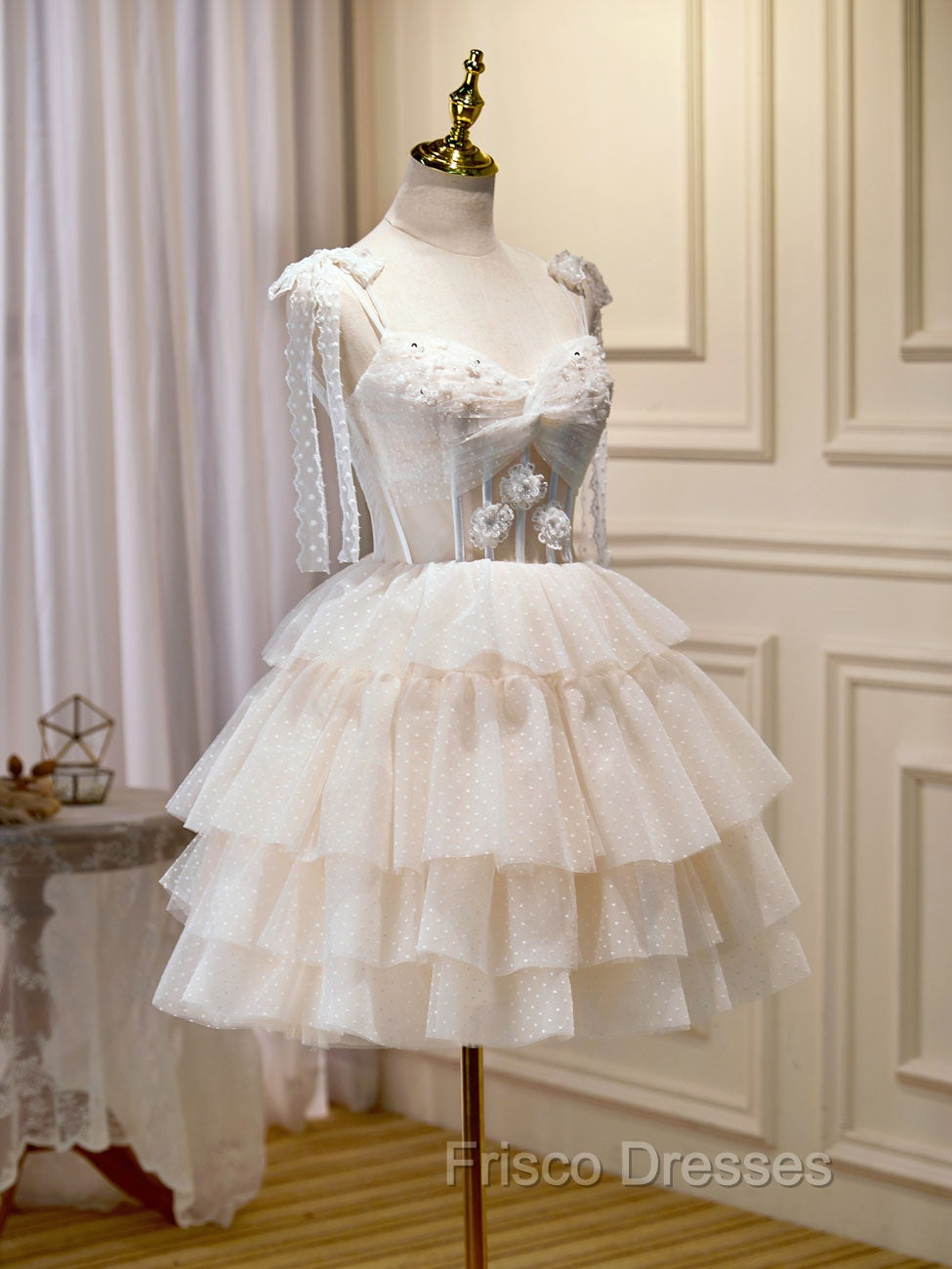 Champagne Mini/Short Formal Prom Dress, Puffy Cute Homecoming Dress With Lace
