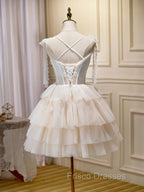 Champagne Mini/Short Formal Prom Dress, Puffy Cute Homecoming Dress With Lace