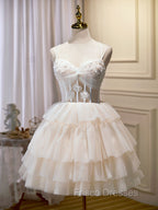 Champagne Mini/Short Formal Prom Dress, Puffy Cute Homecoming Dress With Lace