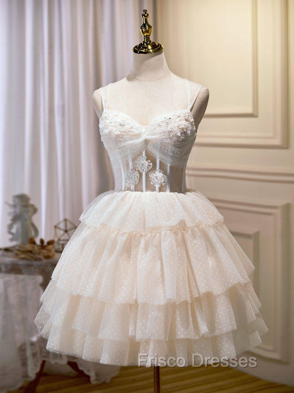 Champagne Mini/Short Formal Prom Dress, Puffy Cute Homecoming Dress With Lace
