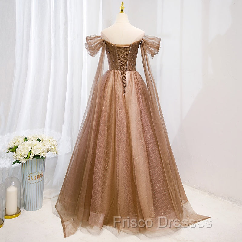Champagne Off Shoulder Beaded A-line Tulle Long Party Dress, Long Evening Gown Secondary image
