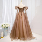 Champagne Off Shoulder Beaded A-line Tulle Long Party Dress, Long Evening Gown