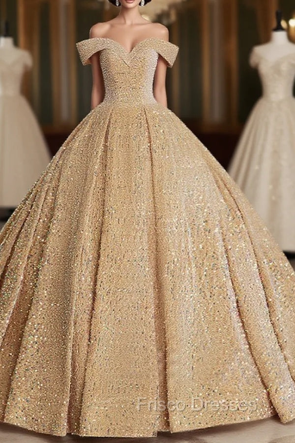 Champagne Off Shoulder Sequin Long Formal Prom Dress, Champagne Formal Dress Secondary image