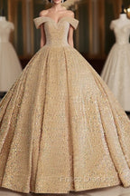 Champagne Off Shoulder Sequin Long Formal Prom Dress, Champagne Formal Dress