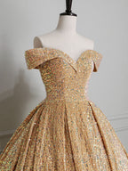Champagne Off Shoulder Sequin Long Formal Prom Dress, Champagne Formal Dress