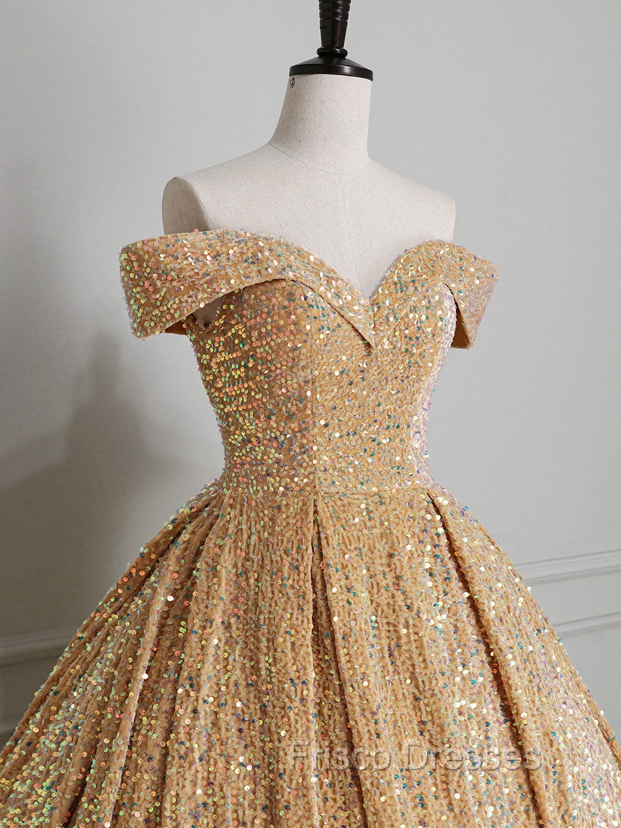 Champagne Off Shoulder Sequin Long Formal Prom Dress, Champagne Formal Dress