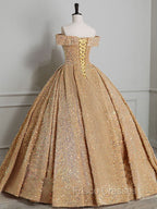 Champagne Off Shoulder Sequin Long Formal Prom Dress, Champagne Formal Dress