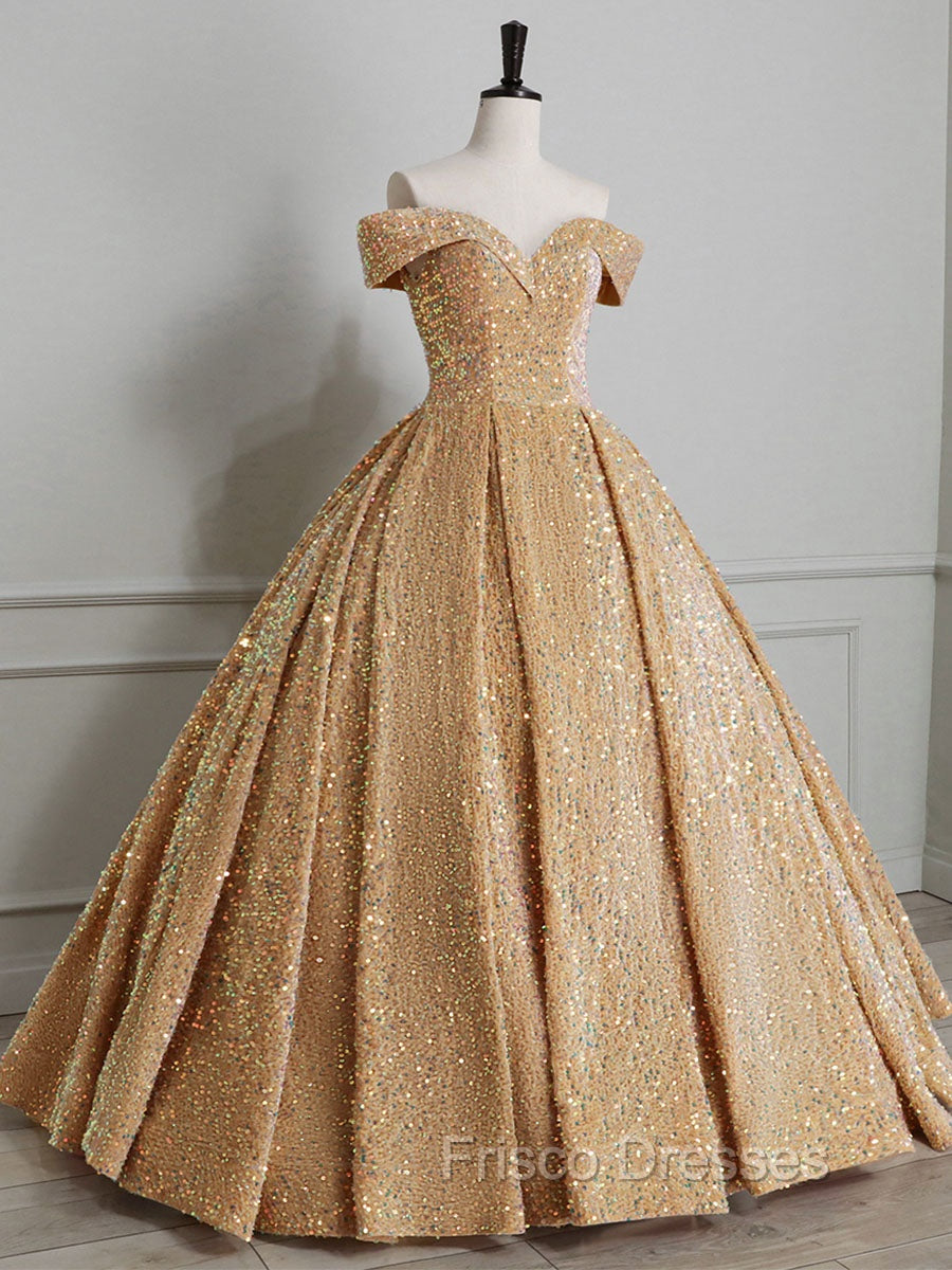 Champagne Off Shoulder Sequin Long Formal Prom Dress, Champagne Formal Dress Main image