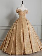 Champagne Off Shoulder Sequin Long Formal Prom Dress, Champagne Formal Dress