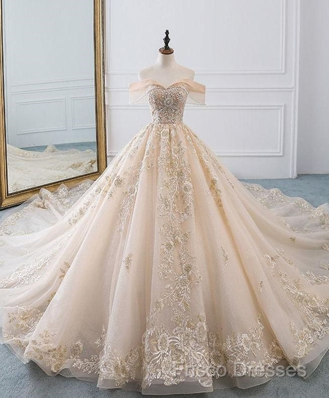 Champagne Off Shoulder Tulle Lace Long Wedding Dress, Wedding Gown Formal Prom Dress Secondary image