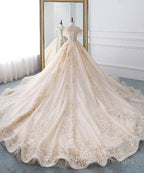 Champagne Off Shoulder Tulle Lace Long Wedding Dress, Wedding Gown Formal Prom Dress