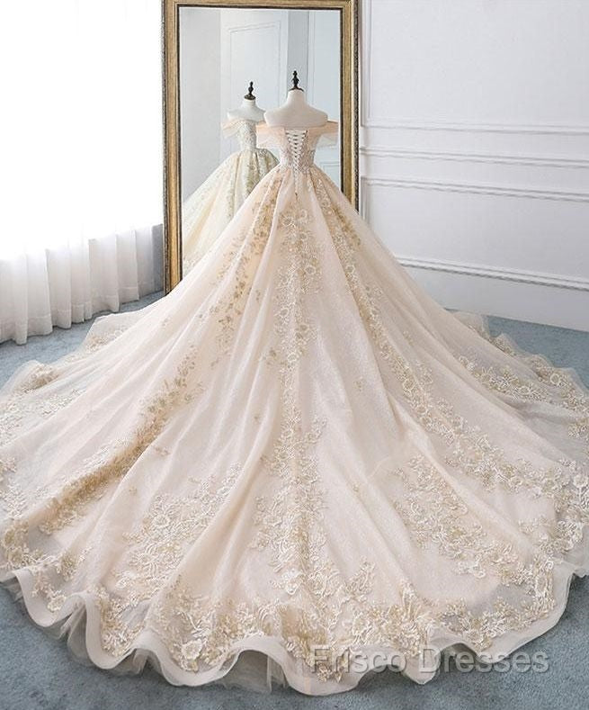 Champagne Off Shoulder Tulle Lace Long Wedding Dress, Wedding Gown Formal Prom Dress