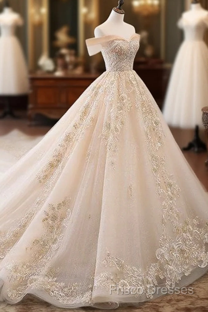 Champagne Off Shoulder Tulle Lace Long Wedding Dress, Wedding Gown Formal Prom Dress Main image