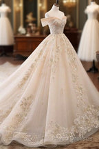 Champagne Off Shoulder Tulle Lace Long Wedding Dress, Wedding Gown Formal Prom Dress