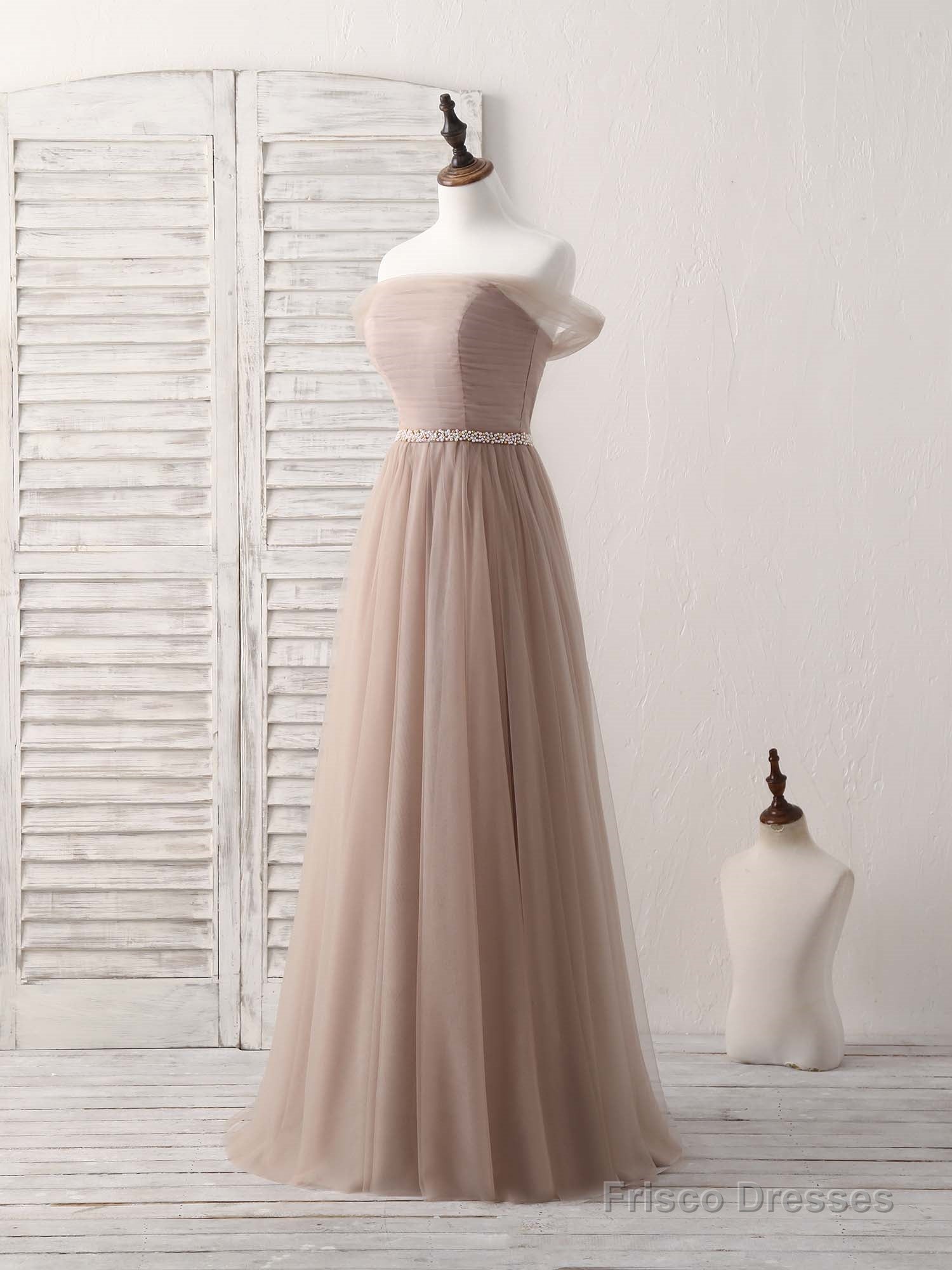 Champagne Off Shoulder Tulle Long Prom Dress, Champagne Evening Dress Secondary image