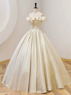 Champagne Off The Shoulder Floor Length Formal Prom Dress, Elegant A-Line Formal Party Dress
