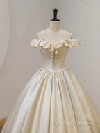 Champagne Off The Shoulder Floor Length Formal Prom Dress, Elegant A-Line Formal Party Dress