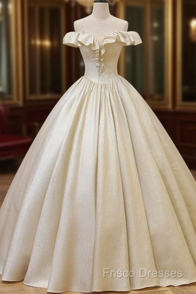 Champagne Off The Shoulder Floor Length Formal Prom Dress, Elegant A-Line Formal Party Dress Main image
