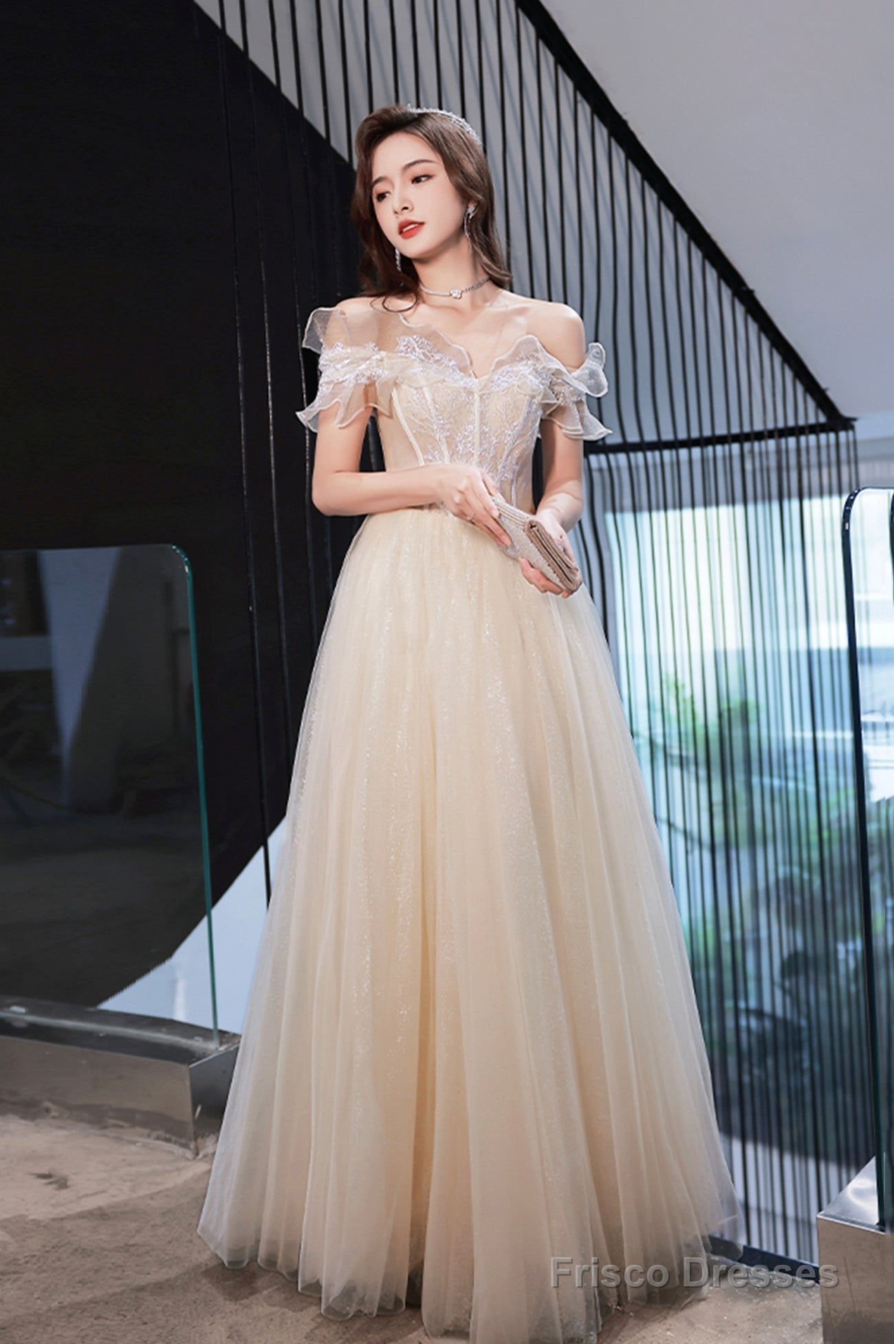 Champagne Off The Shoulder Lace Long Prom Dress, A-Line Evening Party Dress