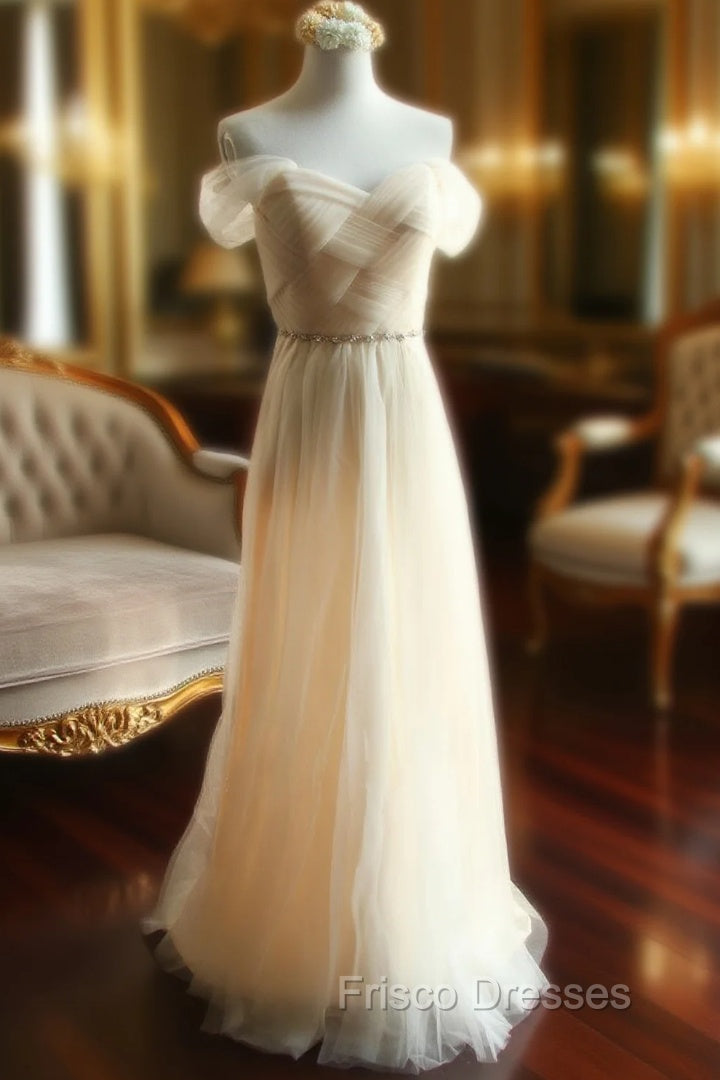 Champagne Off The Shoulder Tulle Bridesmaid Dress