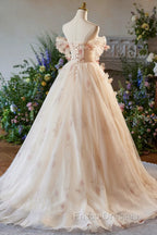 Champagne Off the Shoulder Tulle Floral Floor Length Long Formal Prom Dress