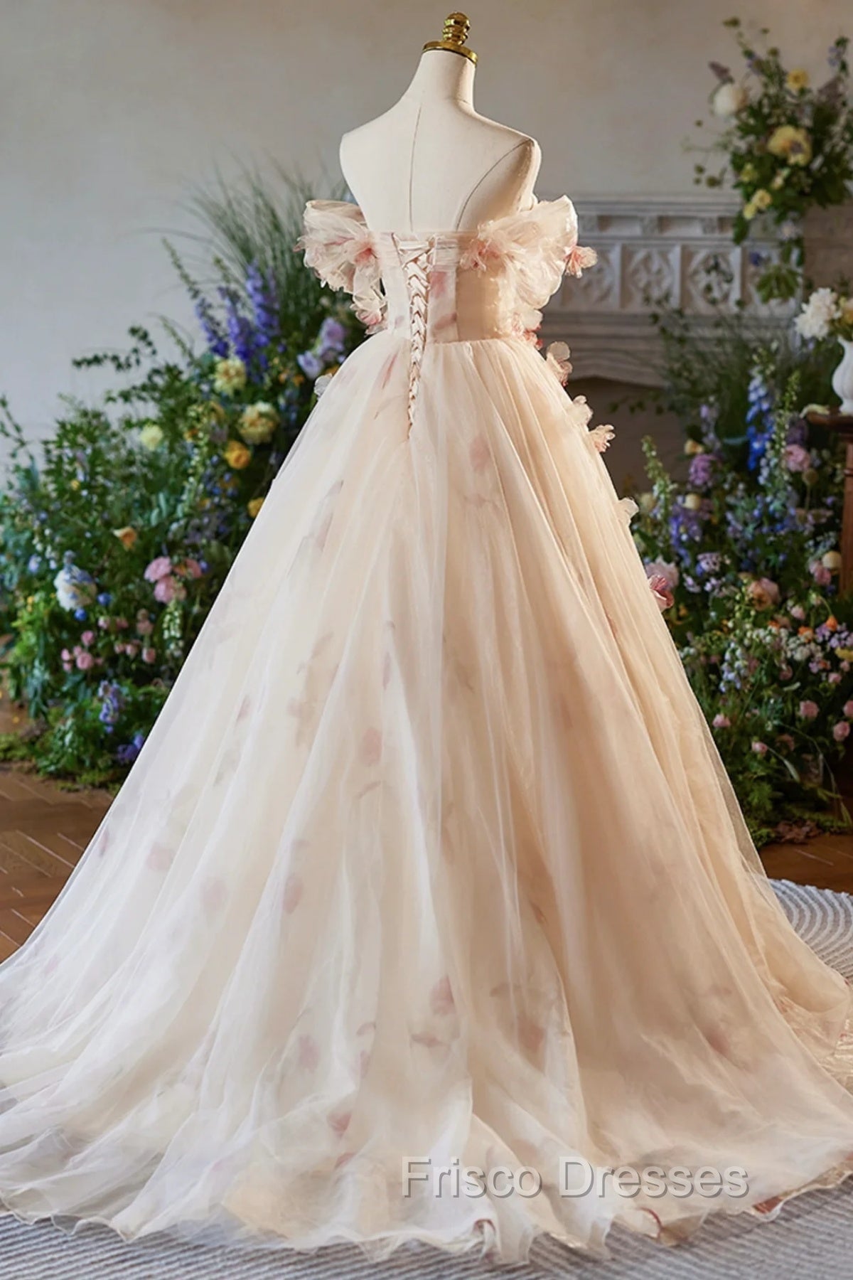 Champagne Off the Shoulder Tulle Floral Floor Length Long Formal Prom Dress