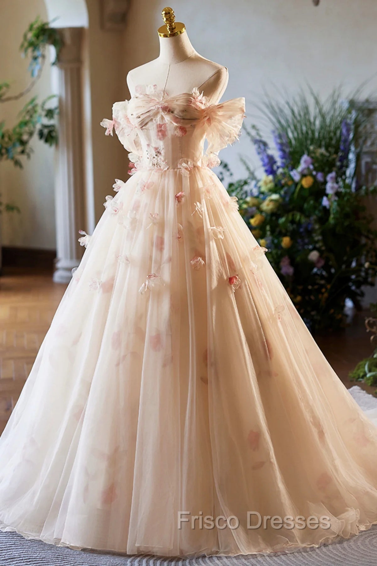Champagne Off the Shoulder Tulle Floral Floor Length Long Formal Prom Dress