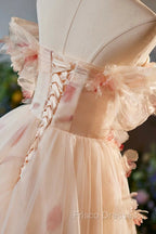 Champagne Off the Shoulder Tulle Floral Floor Length Long Formal Prom Dress