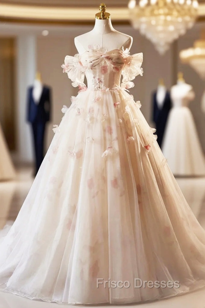 Champagne Off the Shoulder Tulle Floral Floor Length Long Formal Prom Dress Main image