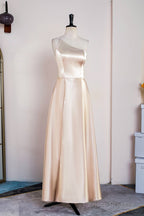 Champagne One Shoulder Satin Midi Bridesmaid Dress