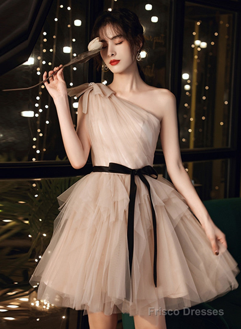 Champagne One Shoulder Tulle Short Party Dress, Short Homecoming Dresses Main image