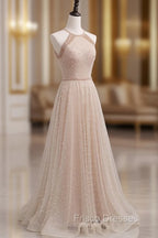 Champagne Pink Long Formal Prom Dress, A Line Tulle Formal Dress Graduation Dress